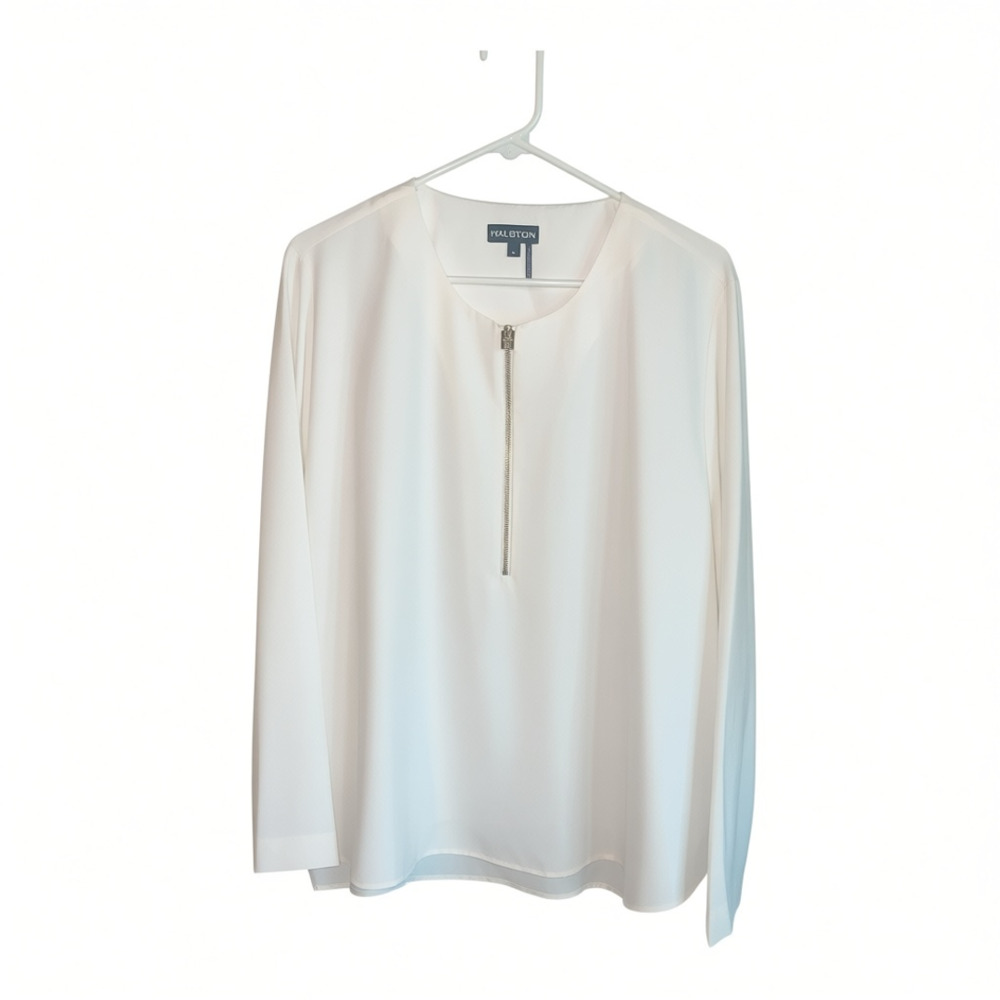 Halston White Long Sleeve Half Zip Blouse Top XL